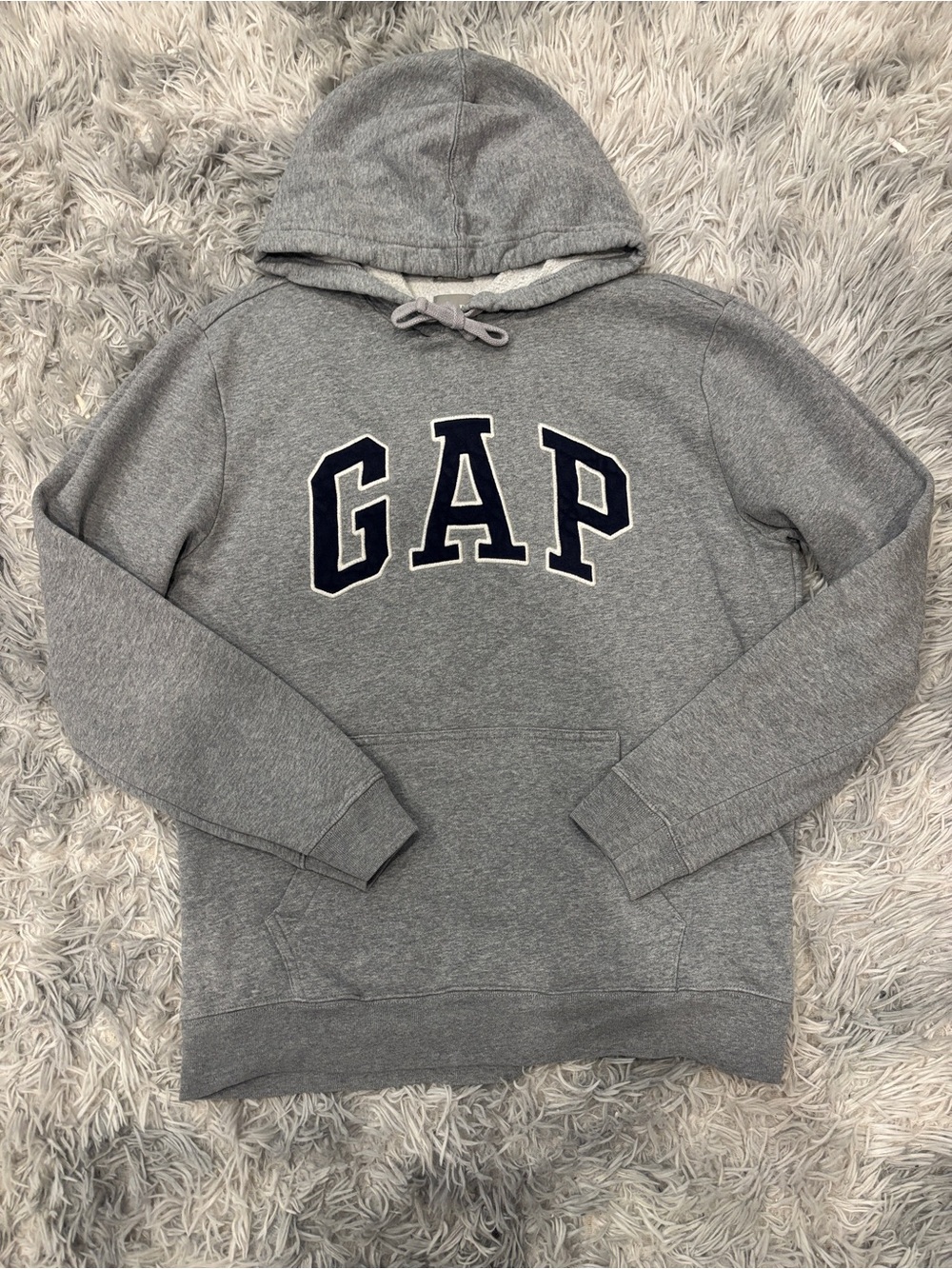 GAP Men's Heather Gray Pullover Hoodie with Navy Logo